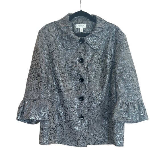 Conrad C Vintage Blazer Jacket • Gray Metallic Paisley • Size 20 • Ruffle Collar - Picture 1 of 7